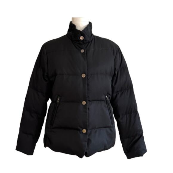 Talbots Puffer Coat Black Reversible Brown Down Puffer Jacket Medium Petite - Picture 1 of 11